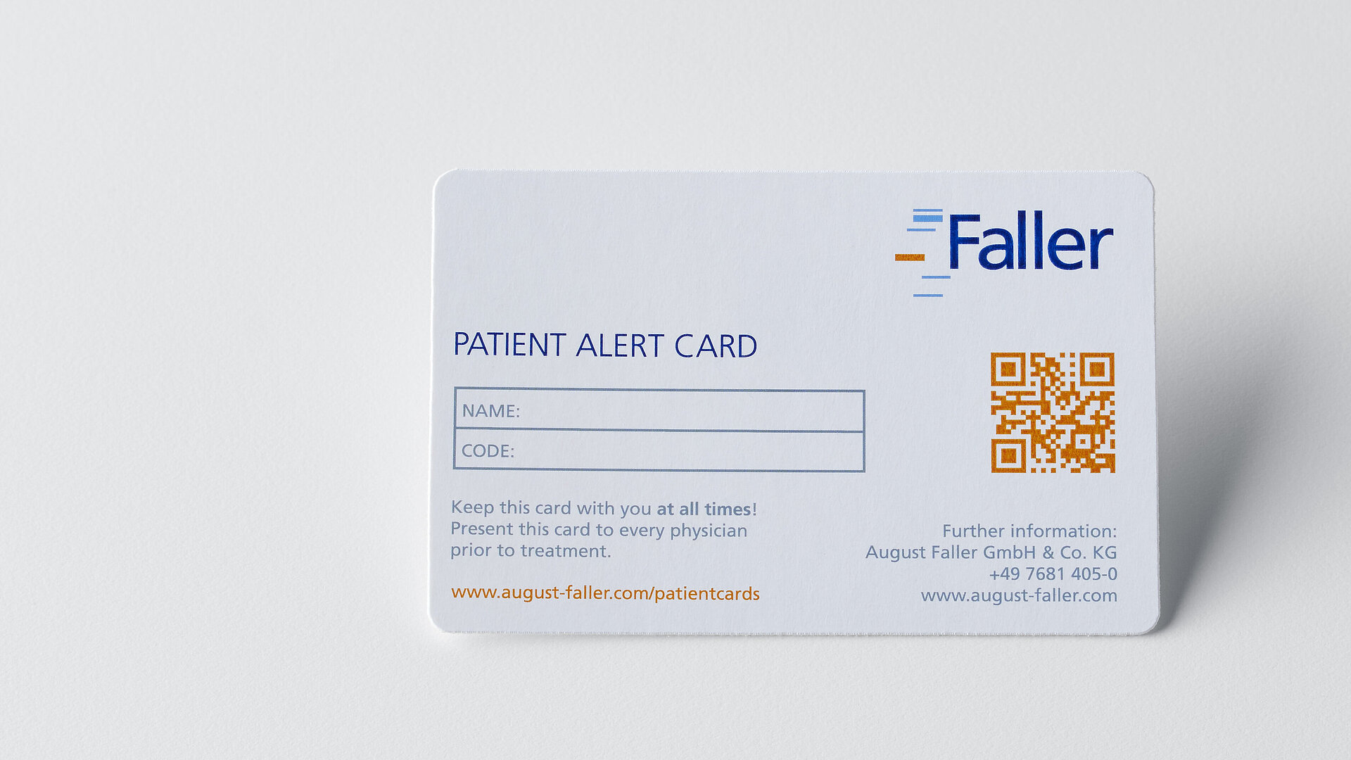 Patient Alert Card von Faller Packaging – sichere Patientenkarte mit QR-Code für schnelle Identifikation und Dokumentation in der Pharmaindustrie.