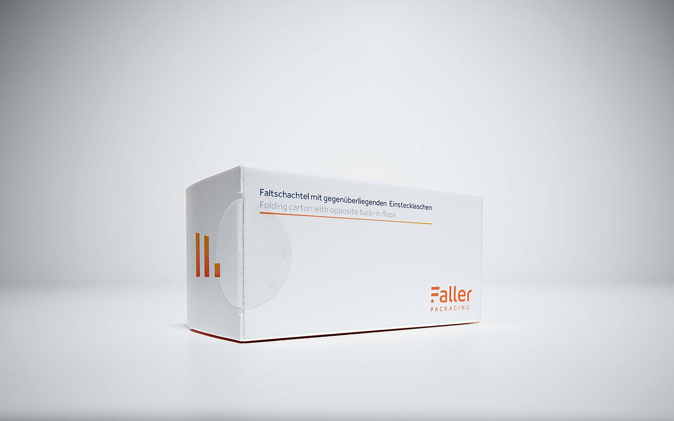 Folding carton with opposite tuck-in flaps from Faller Packaging – safe and stable packaging for pharmaceutical products.
