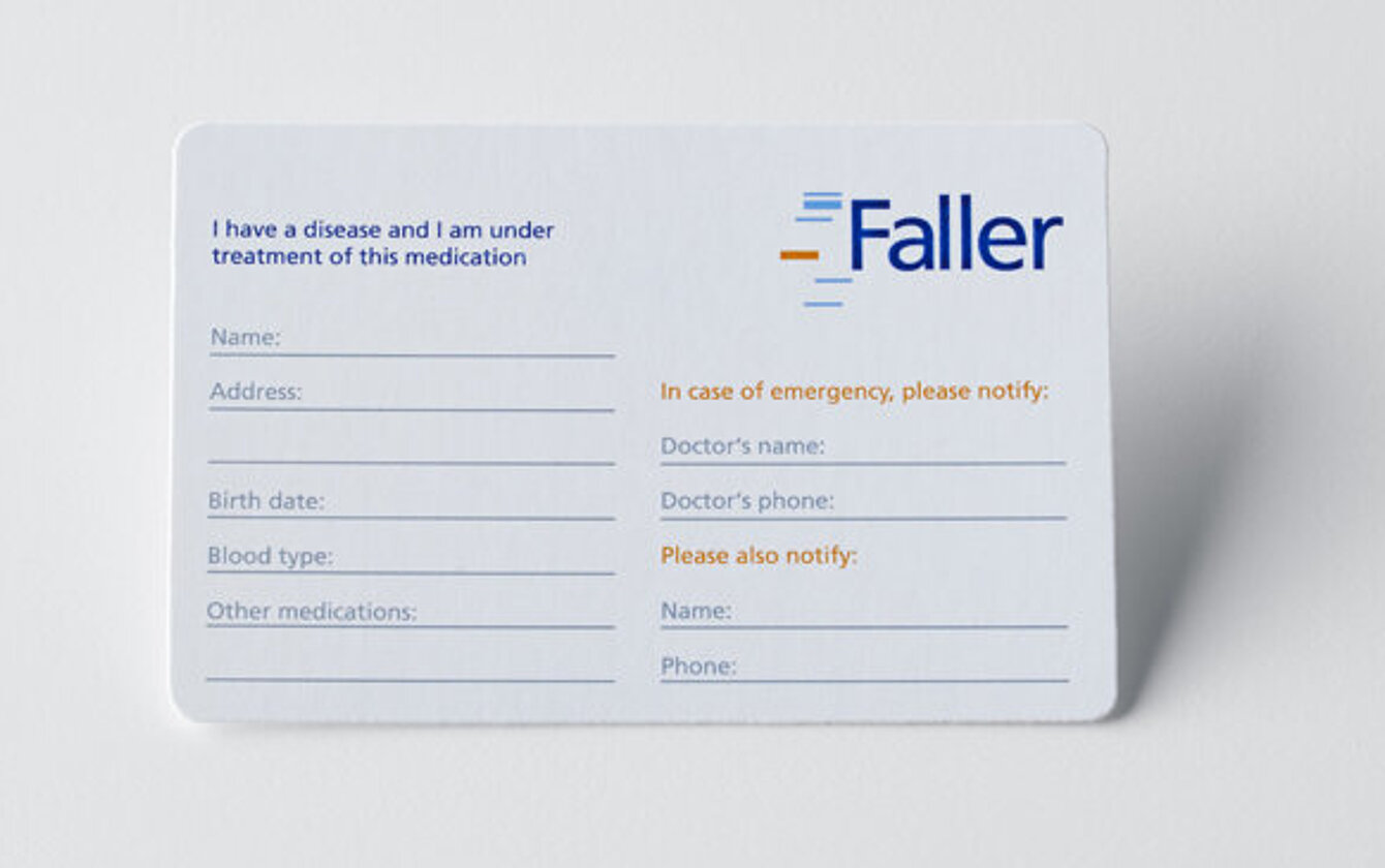 Rückseite der Patient Alert Card von Faller Packaging mit Notfall- und Patientendaten