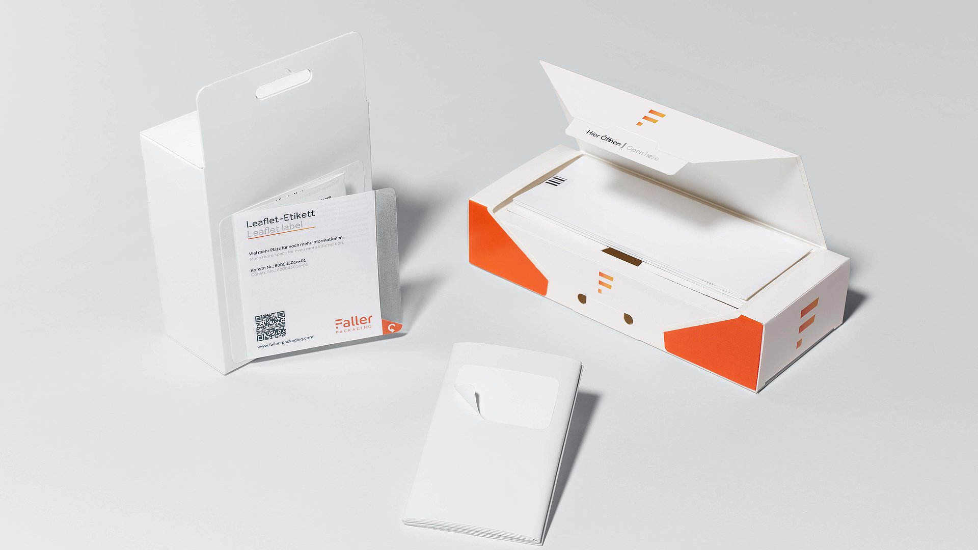 Kombiprodukte von Faller Packaging: Faltschachtel mit integriertem Beipackzettel und Leaflet-Etikett für platzsparende und patientenfreundliche Pharma-Verpackungen.