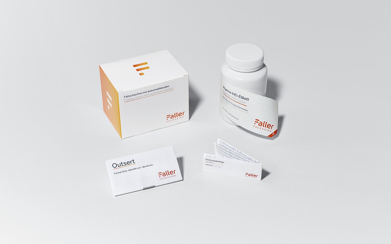 Faller Packaging Kombinationslösung aus Faltschachtel, Etikett und Outsert für die Pharmaindustrie.
