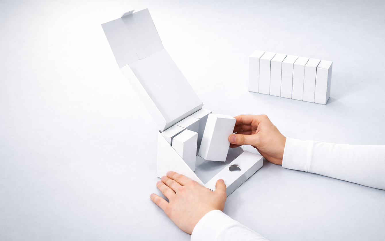 Präzise Bestückung eines Displays mit Faltschachteln für eine optimale Warenpräsentation am Point of Sale.