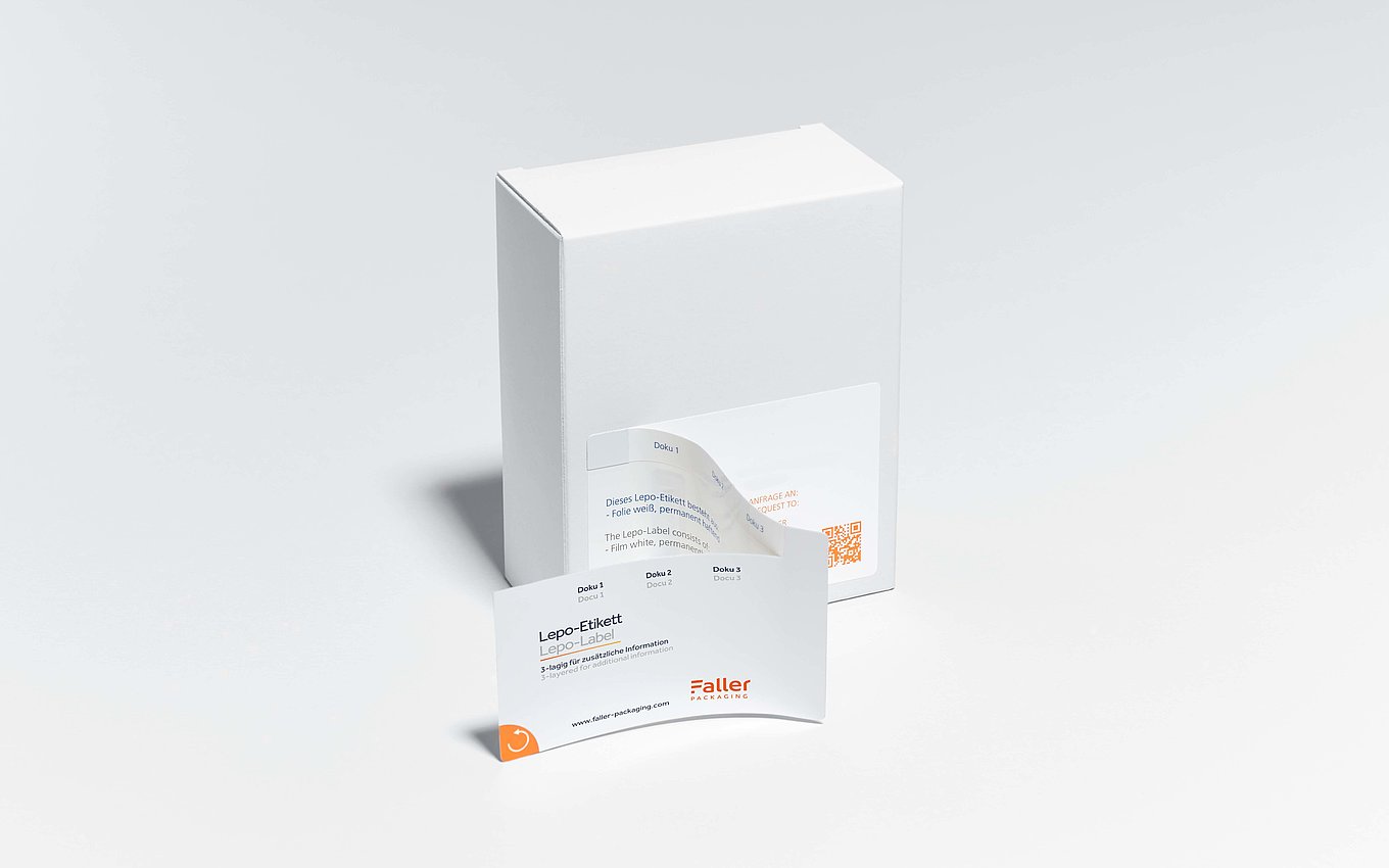 Faltschachtel mit herausziehbarem Booklet-Etikett für erweiterte Patienteninformationen von Faller Packaging.
