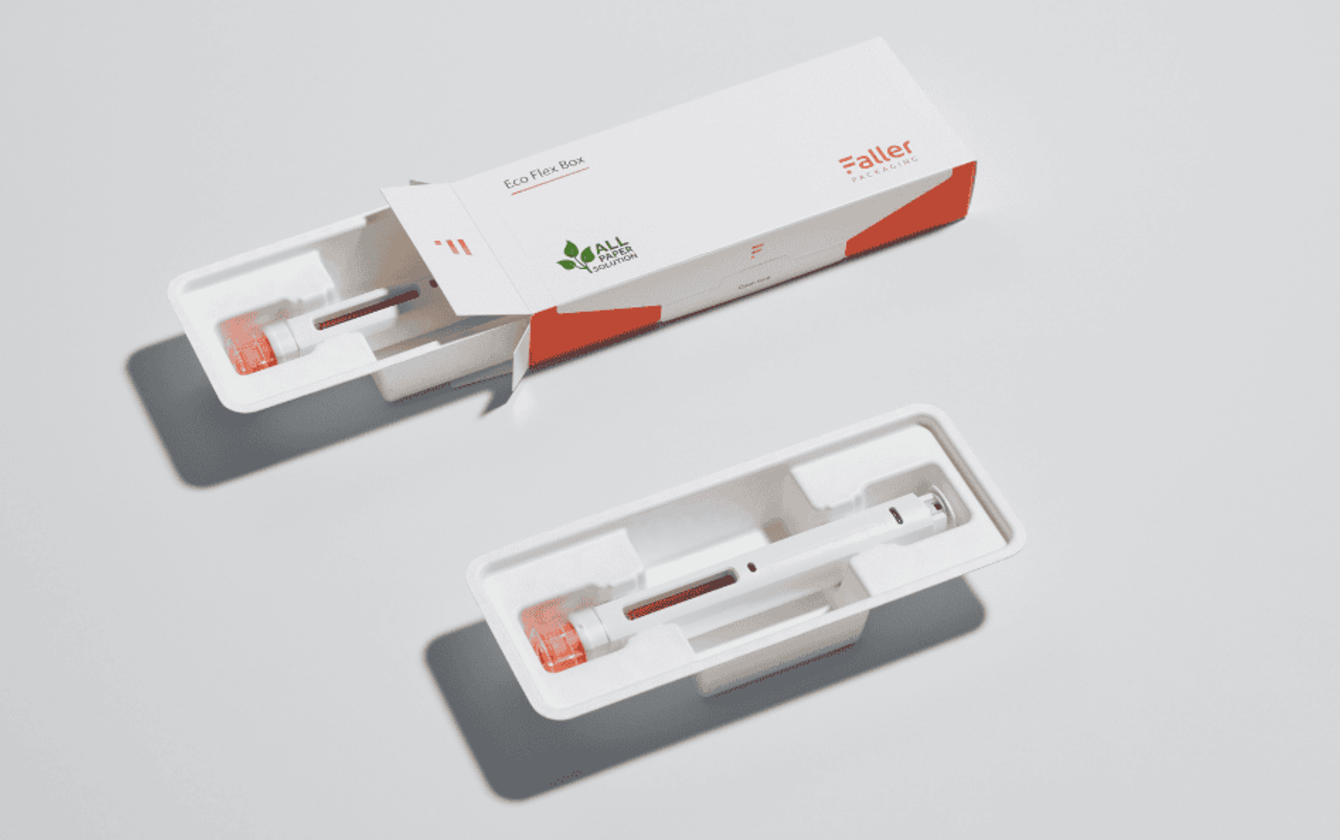 Folding carton with moulded fibre tray, showing collaboration between Faller Packaging and Harvest Packaging.